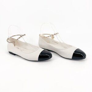 Chanel CC Camellia Ankle Chain White Cap Toe Ballet Flats Size 37.5 US 6.5-7